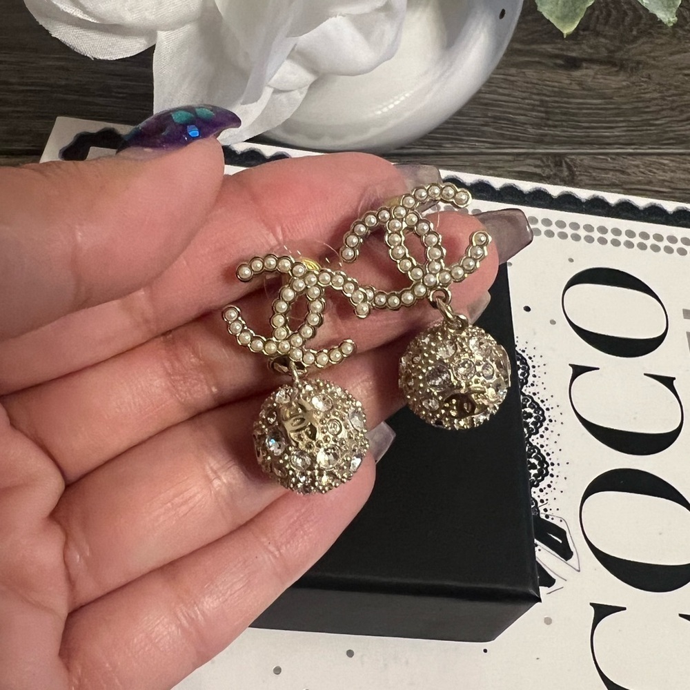 CHANEL Faux Pearl CC Gold Crystal Ball Dangle Earrings